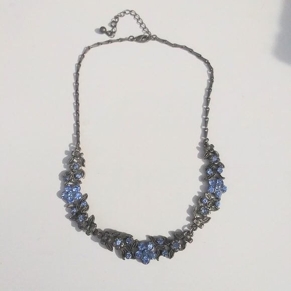 Rhinestone Floral Necklace, Silver and Blue - Picture 1 of 8